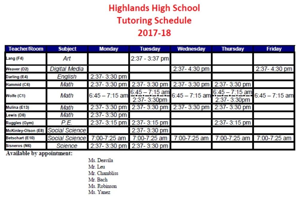 Highlands High Tutoring Schedule